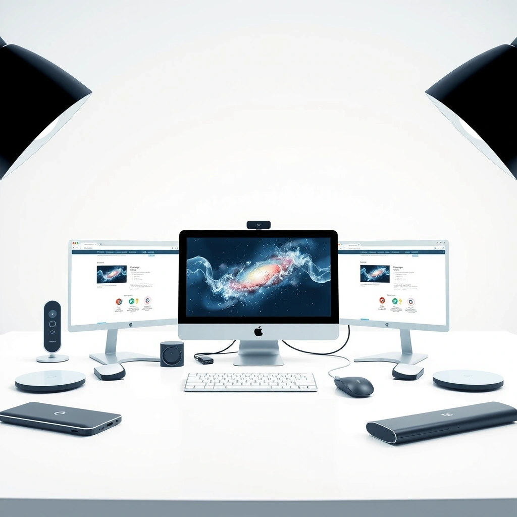 Professional web design workspace with clean, modern computer setup