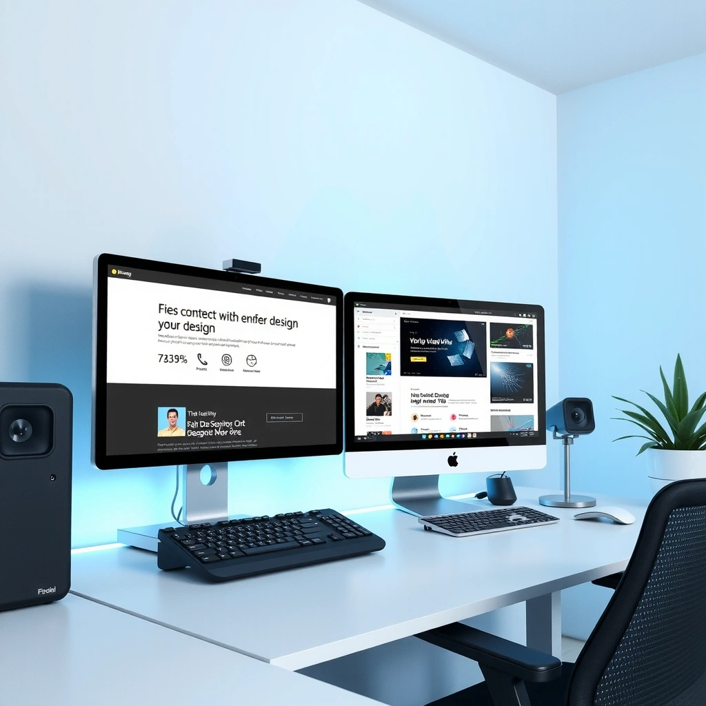 Modern web design workspace with computer screens and design elements